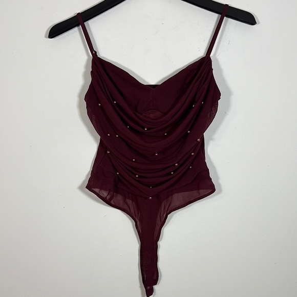 privy Tops - Privy Elegant Burgundy Merlot Draped Beaded Body Suit Medium NWT Dressy Sexy